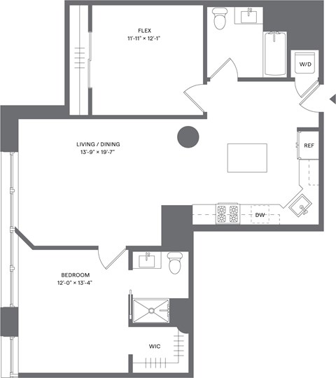 Floor plan for 1 bed, 2 baths, 1072 sqft